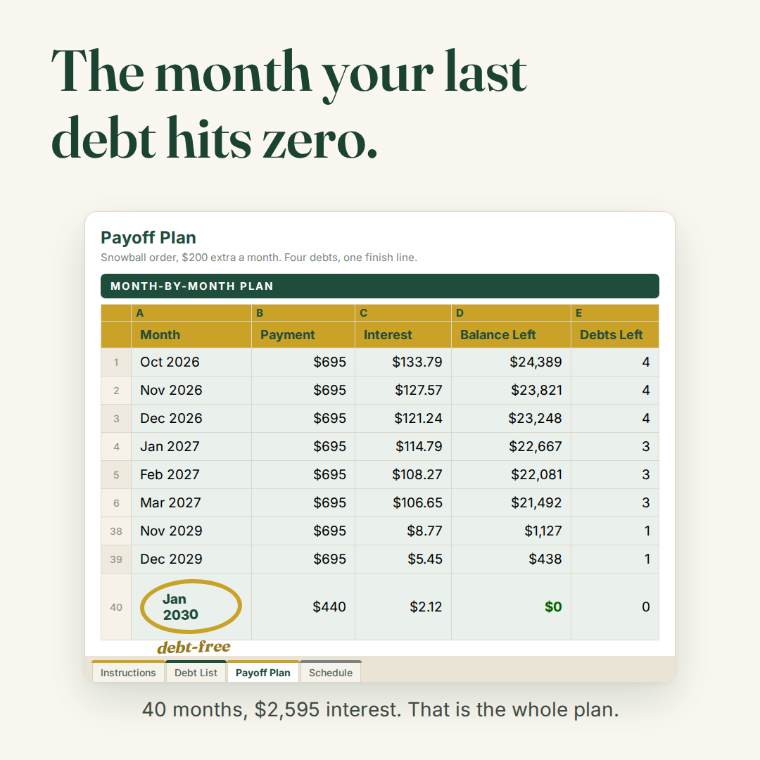 Debt payoff schedule showing debt-free month