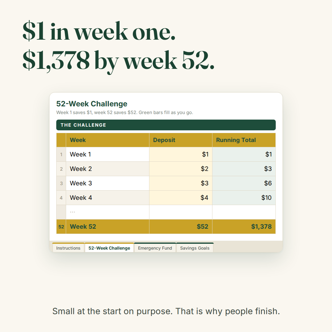 52-week savings challenge adding to $1,378